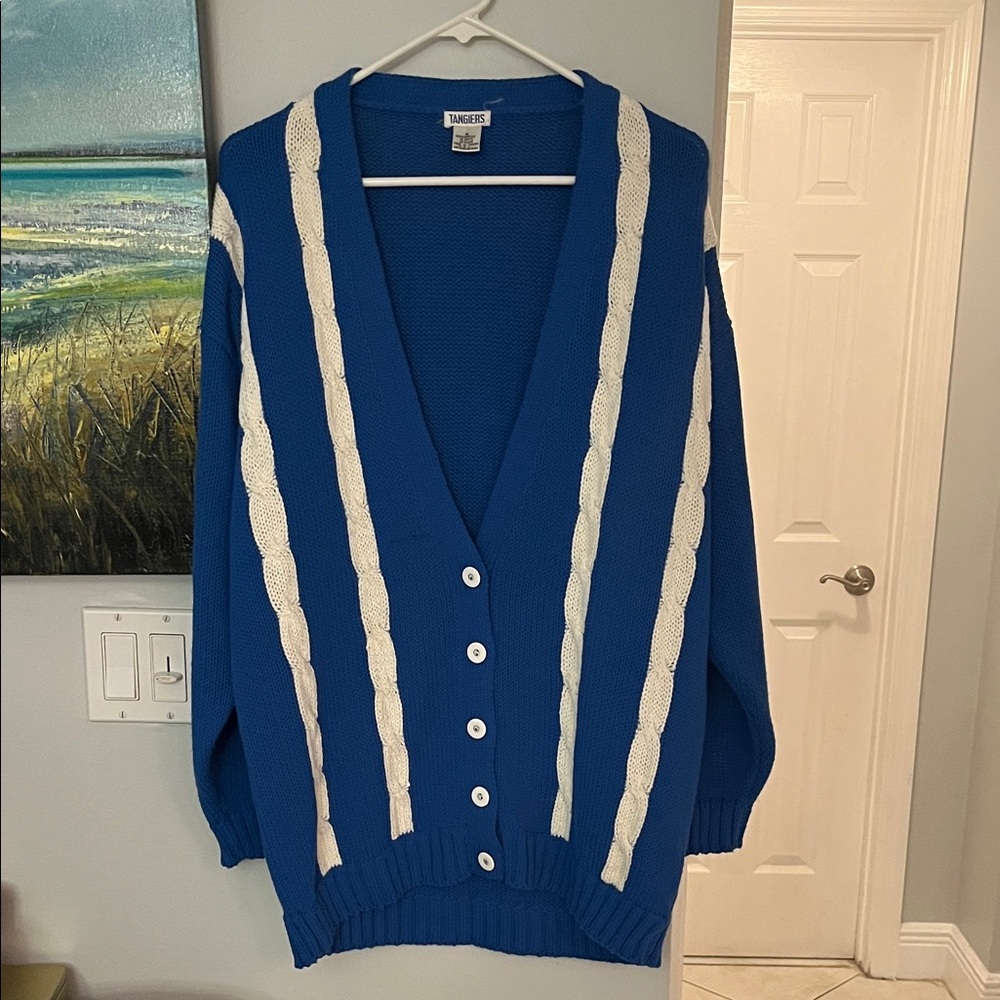 Vintage Tangiers Blue and White Button-Up Chunky Men’s Cardigan